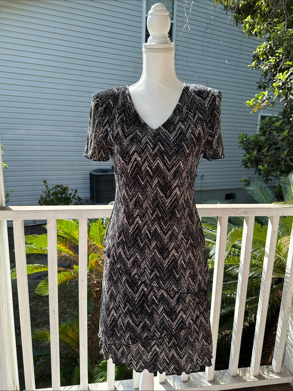 V-Neck Black & White Chevron Asymmetrical Dress